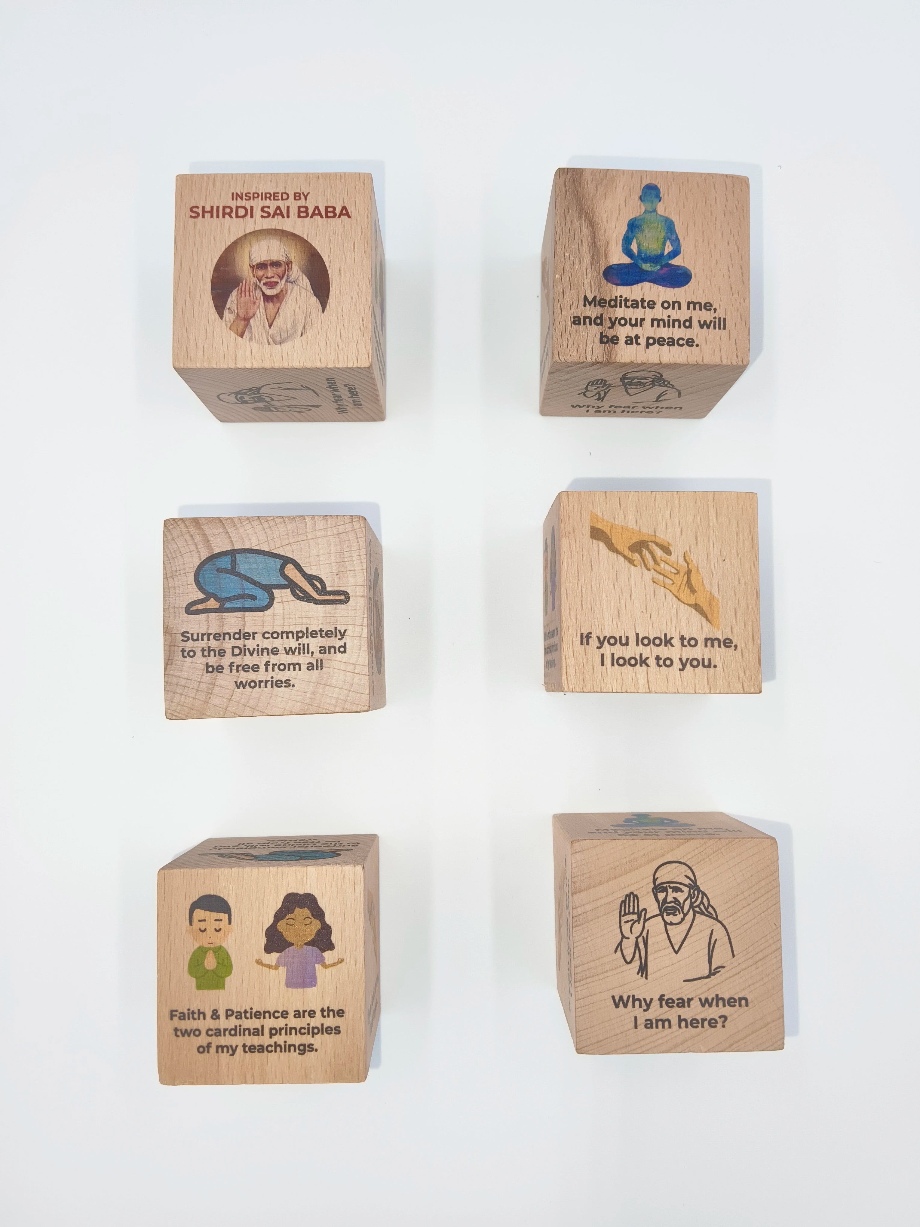 Inspirational wooden cube featuring Shirdi Sai Baba images and spiritual quotes