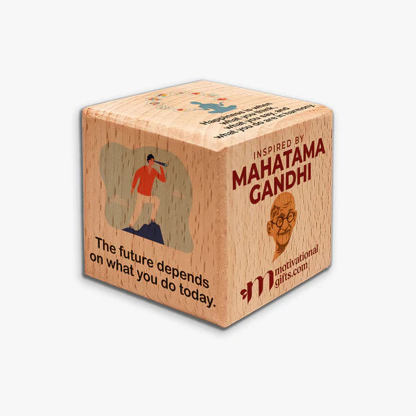 Inspirational wooden cube with Mahatma Gandhi design and motivational quote