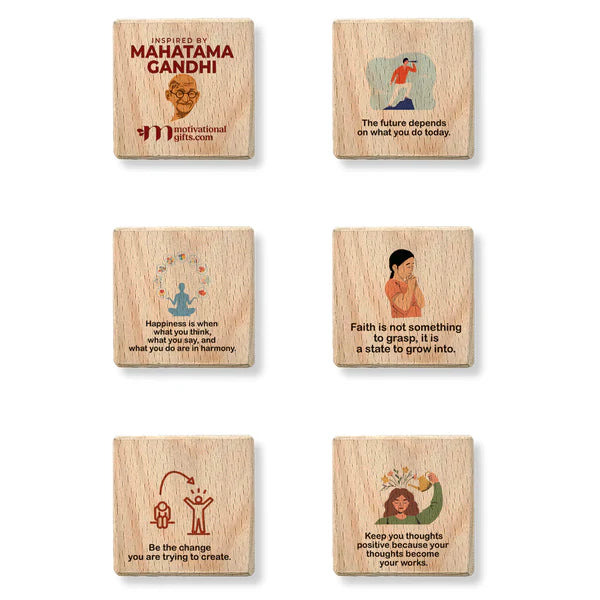 Inspirational wooden cube featuring Mahatma Gandhi quotes and illustrations