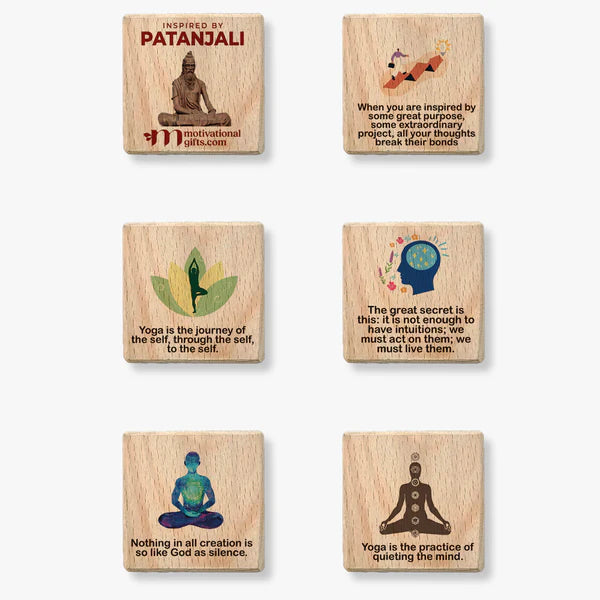 Wooden cube with Patanjali-inspired motivational quotes and illustrations