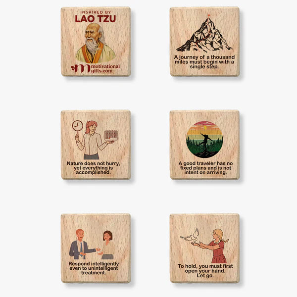 Inspirational wooden cube featuring Lao Tzu quotes and illustrations