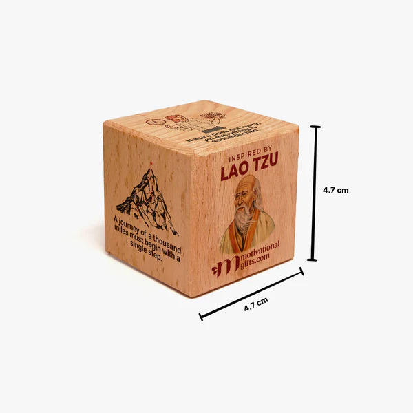 Wooden inspirational cube featuring Lao Tzu portrait and motivational quotes