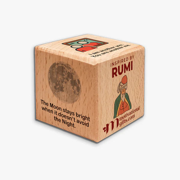 Inspirational wooden cube featuring Rumi quote and artwork