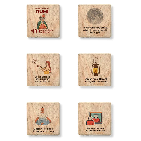Inspirational wooden cube with Rumi quotes and illustrations on all six sides