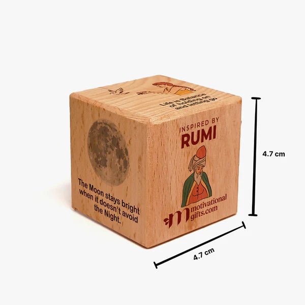 Inspirational wooden cube featuring Rumi design and motivational quotes