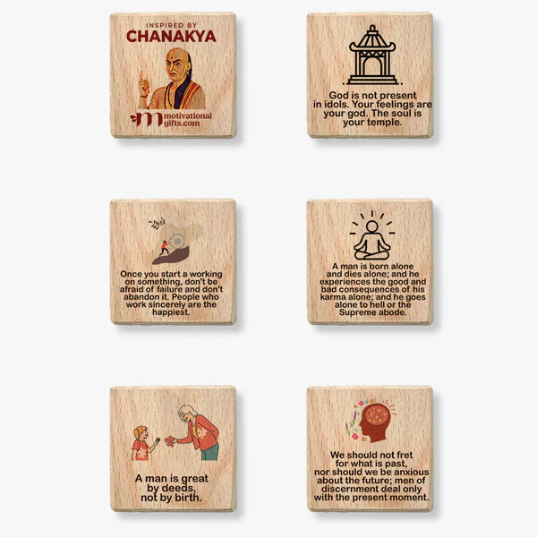 Inspirational wooden cube featuring Chanakya quotes and illustrations