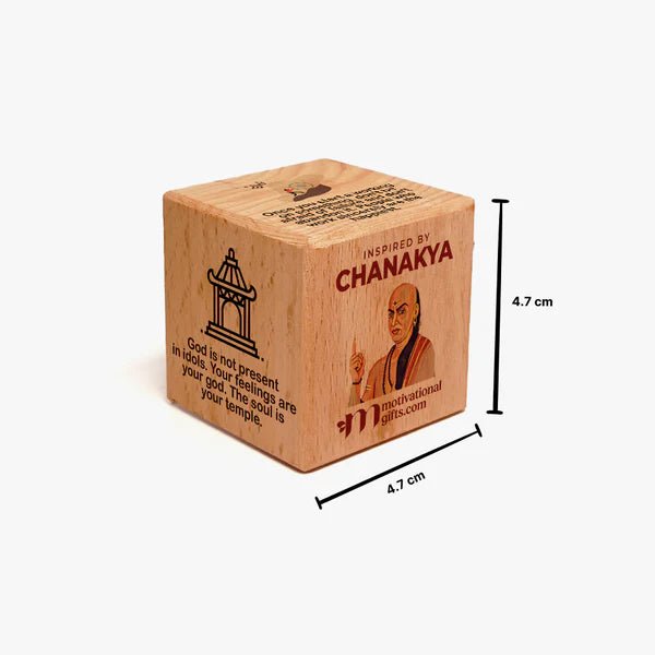 Wooden inspirational cube featuring Chanakya with motivational quotes and illustrations
