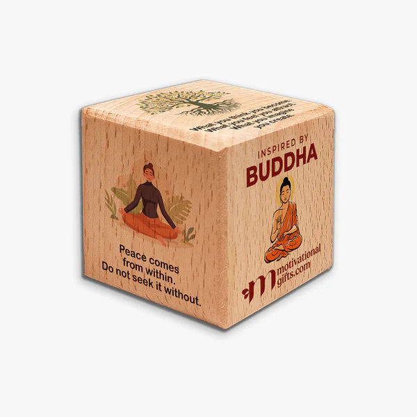Wooden inspirational cube with Buddha images and motivational quotes