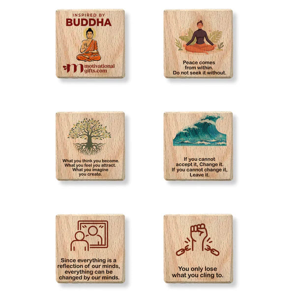 Set of six inspirational wooden cubes with Buddha images and motivational quotes