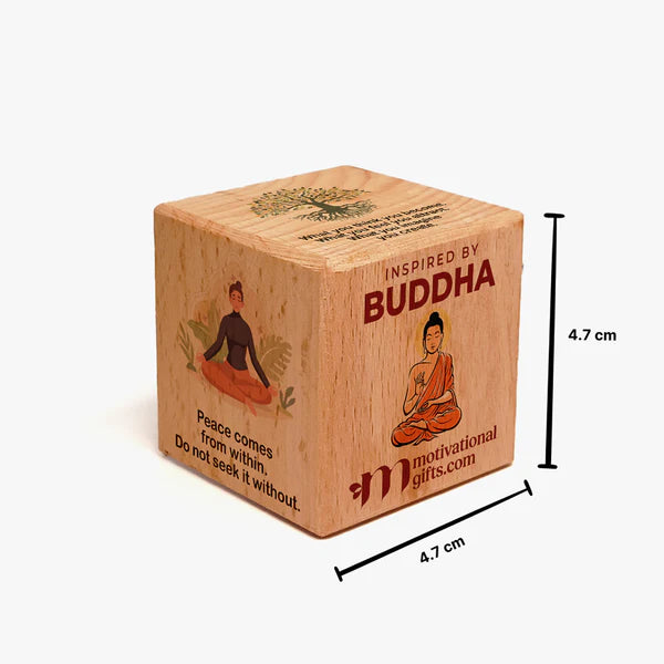 Wooden inspirational cube featuring Buddha image and motivational quotes