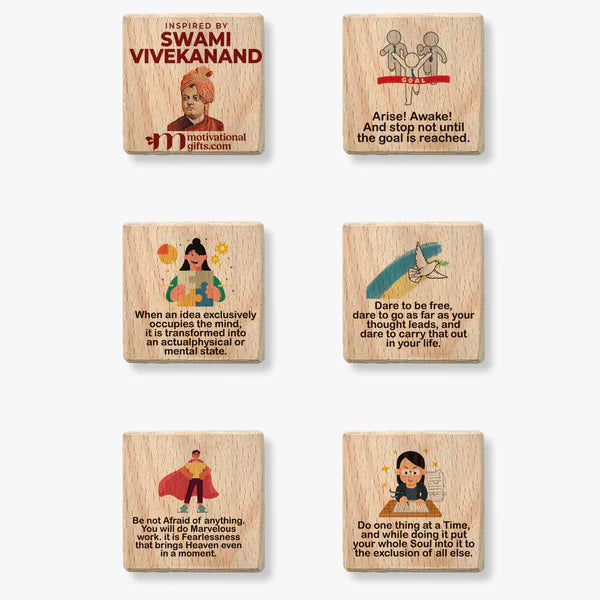 Wooden inspirational cube featuring Swami Vivekanand quotes and illustrations