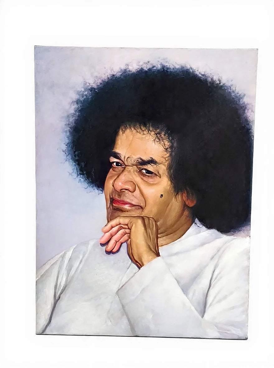Large oil painting on canvas of Sai Baba with hand on chin against a muted background