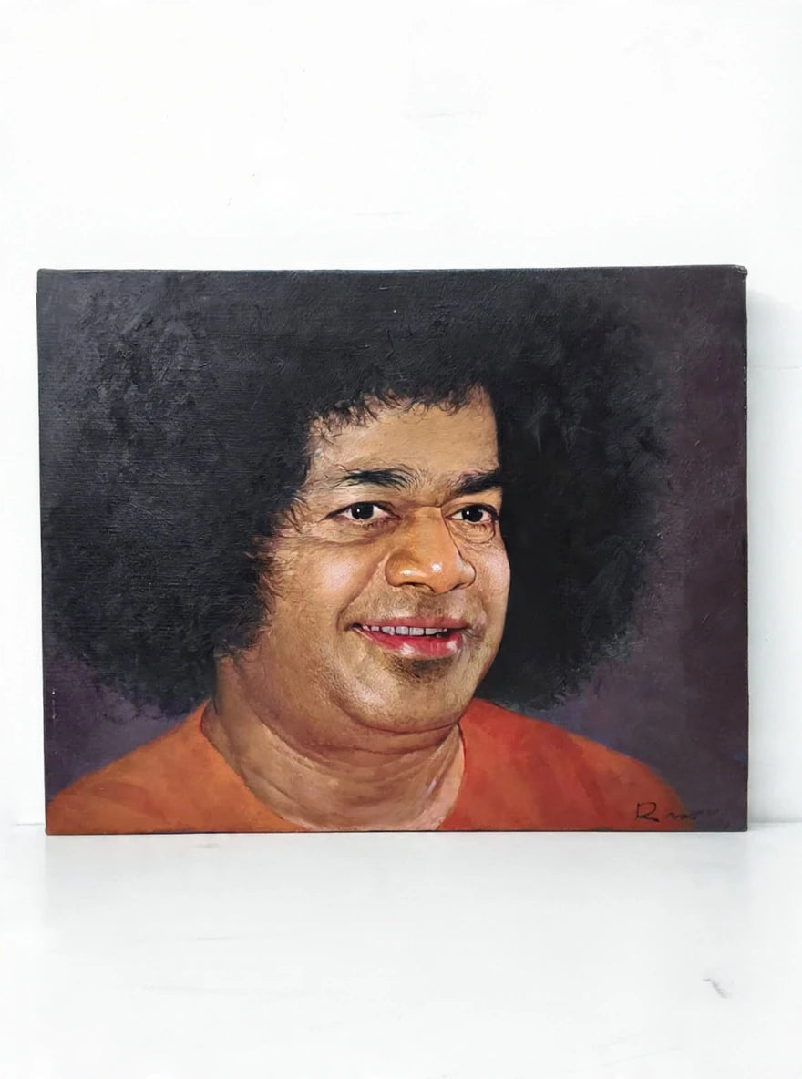 Large oil painting on canvas featuring a smiling spiritual figure with curly hair