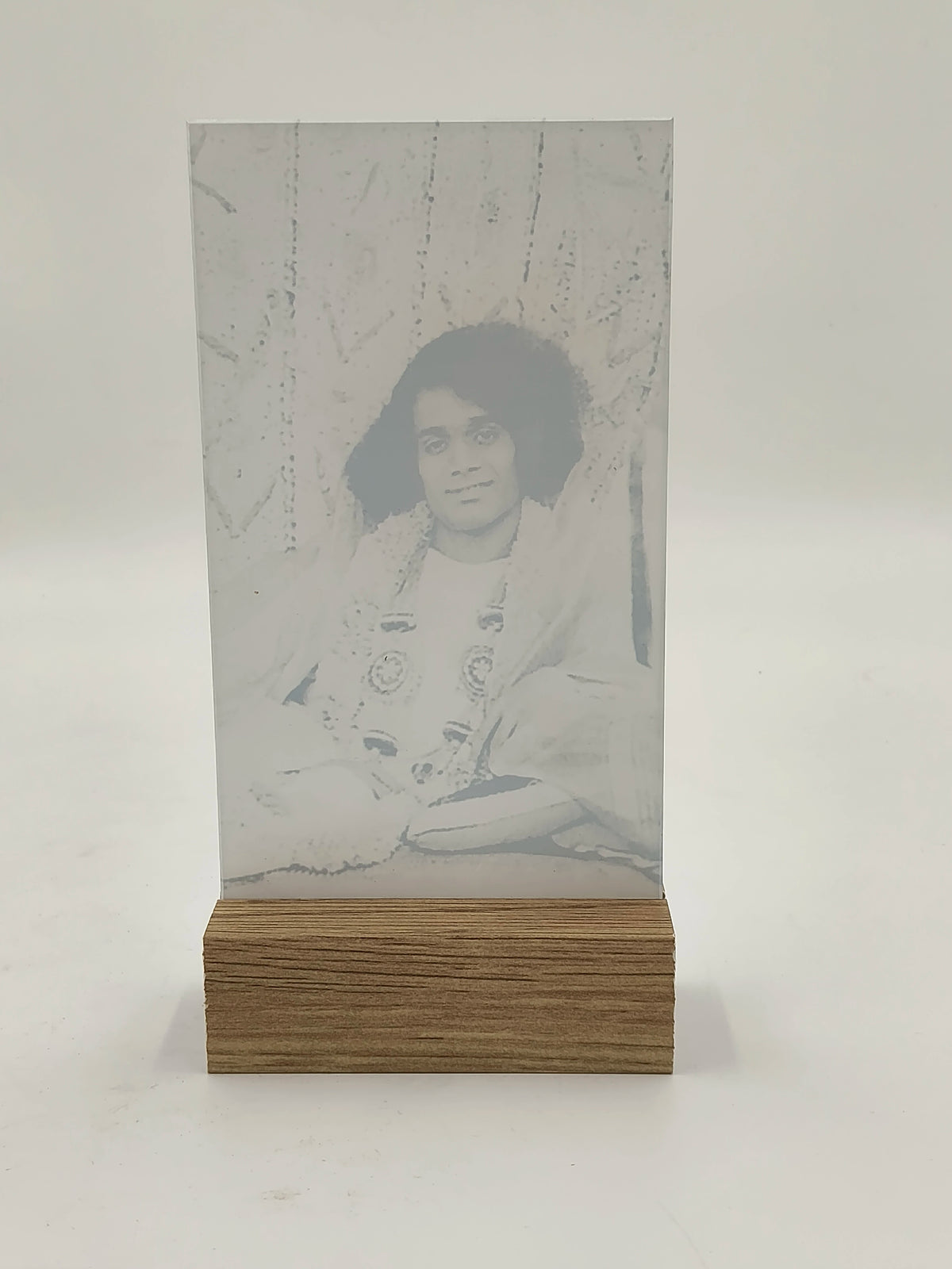 Glass and wood display piece with etched spiritual portrait