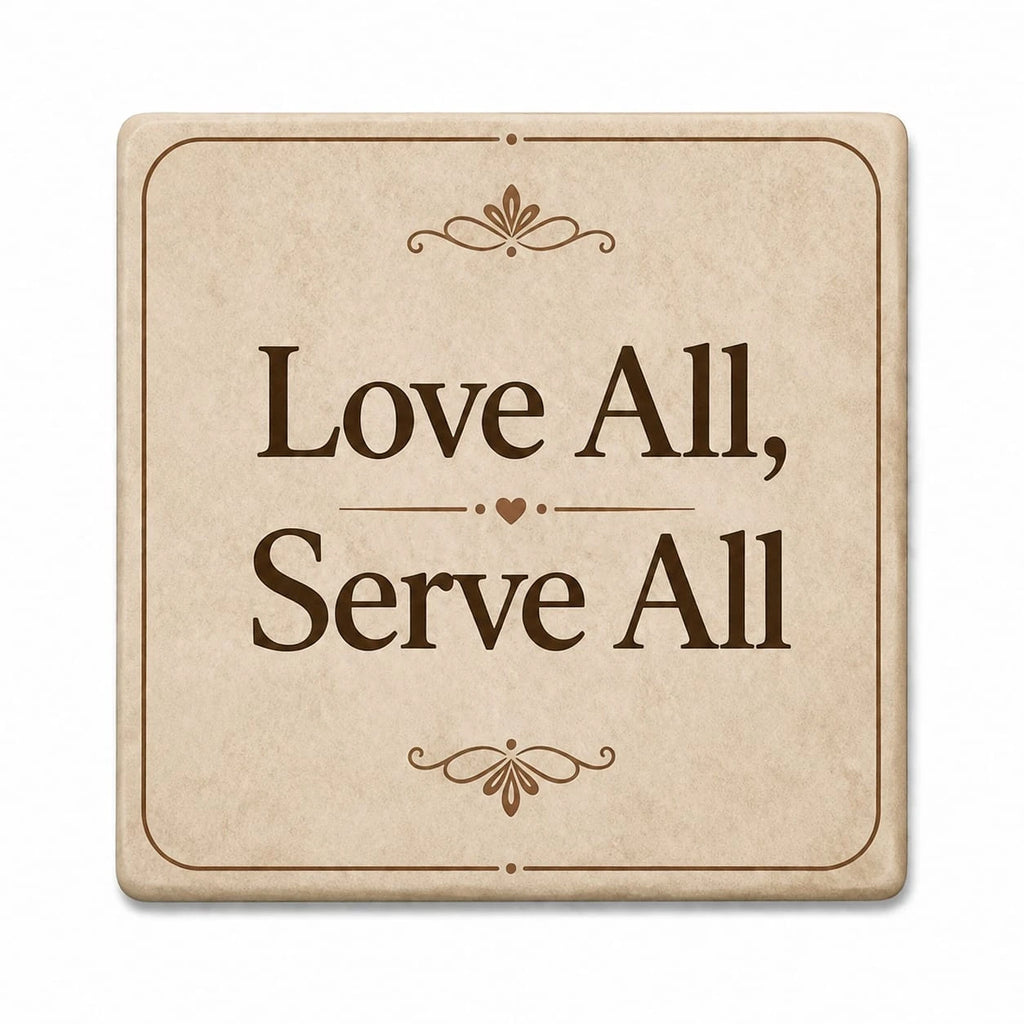 Square ceramic coaster with decorative border and text Love All, Serve All