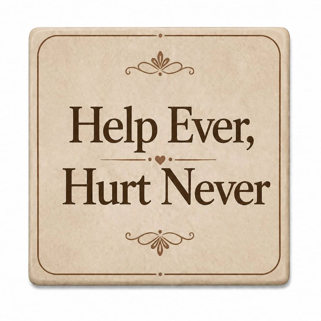 Square beige ceramic coaster with Help Ever, Hurt Never quote