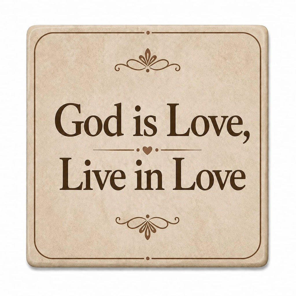 Square beige ceramic coaster with 'God is Love, Live in Love' inscription