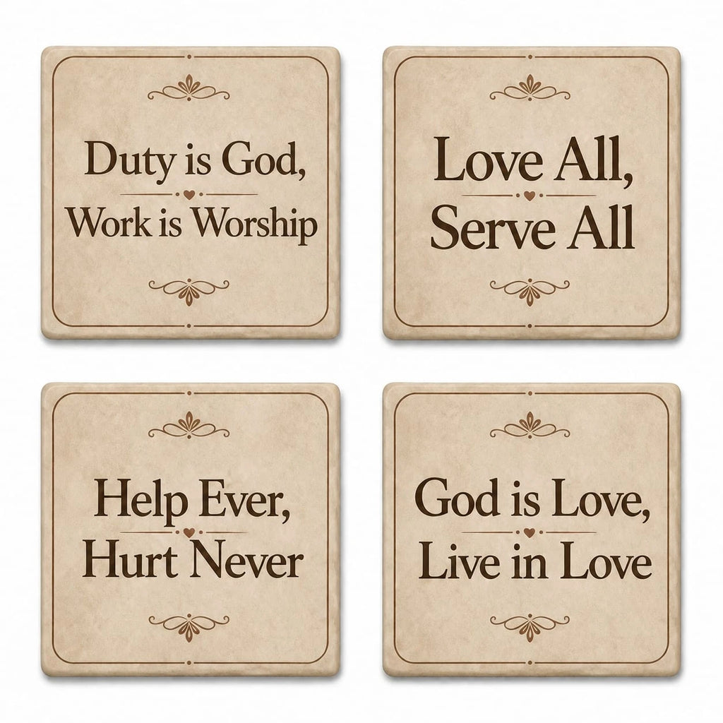 Set of four ceramic coasters with spiritual and motivational quotes in brown text