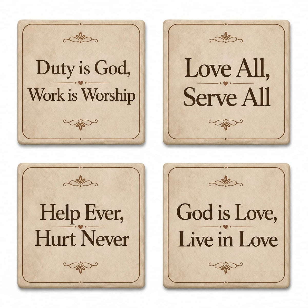 Set of four ceramic coasters with spiritual and motivational quotes in brown text