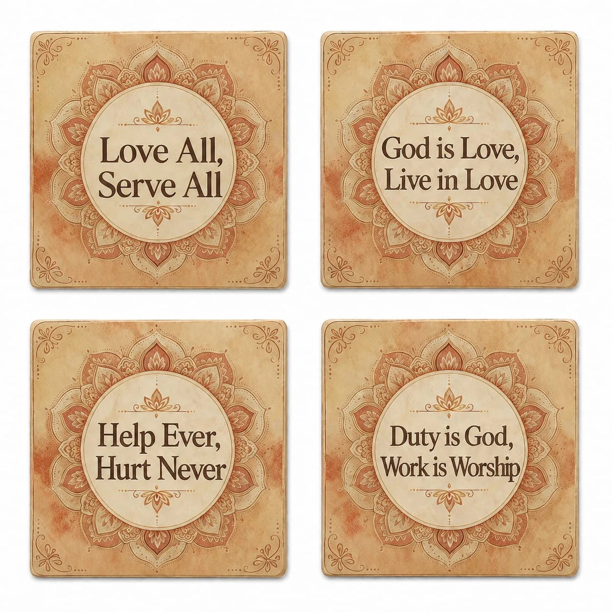 Set of four square ceramic coasters with spiritual quotes and mandala design