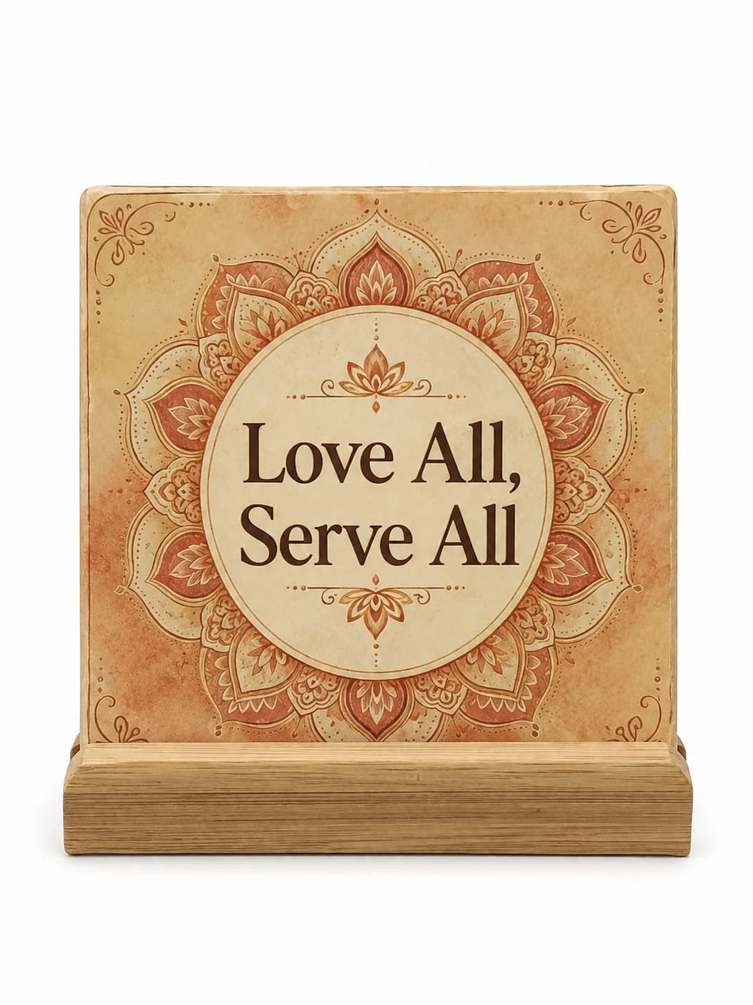 Ceramic coaster with mandala design and 'Love All, Serve All' text, displayed on wooden stand