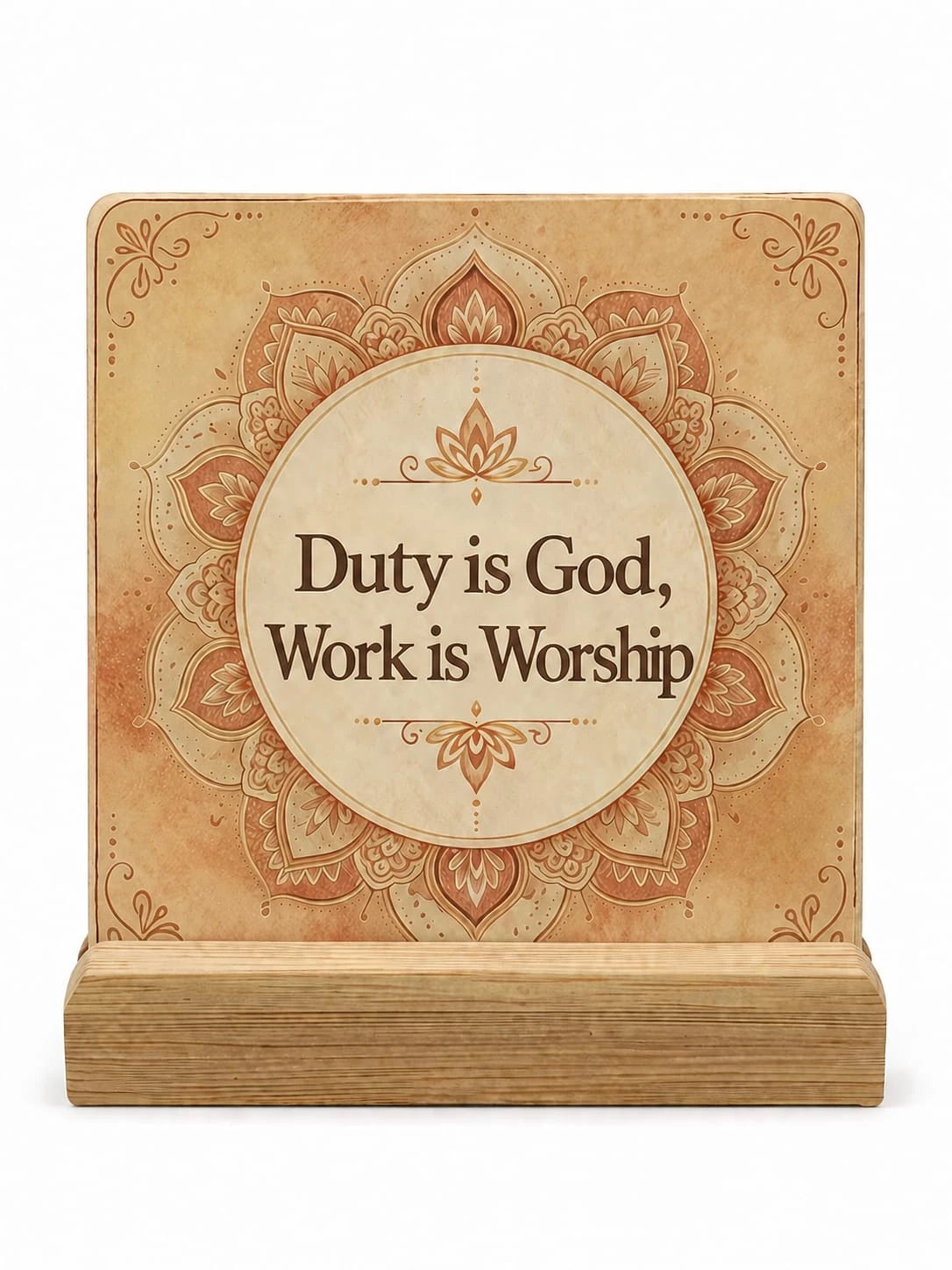 Square ceramic coaster with 'Duty is God, Work is Worship' text and decorative mandala