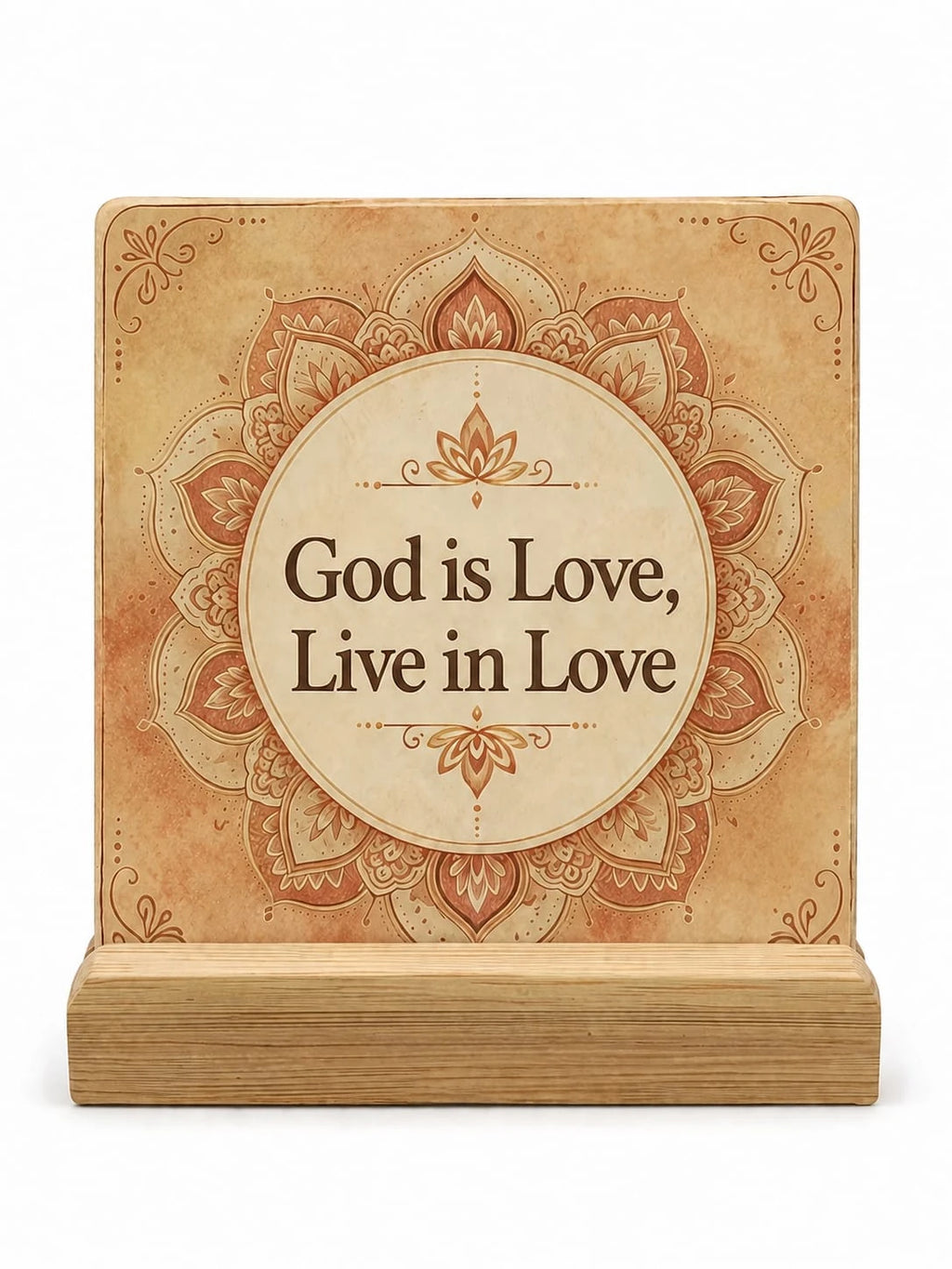 Square ceramic coaster with floral border and text God is Love, Live in Love