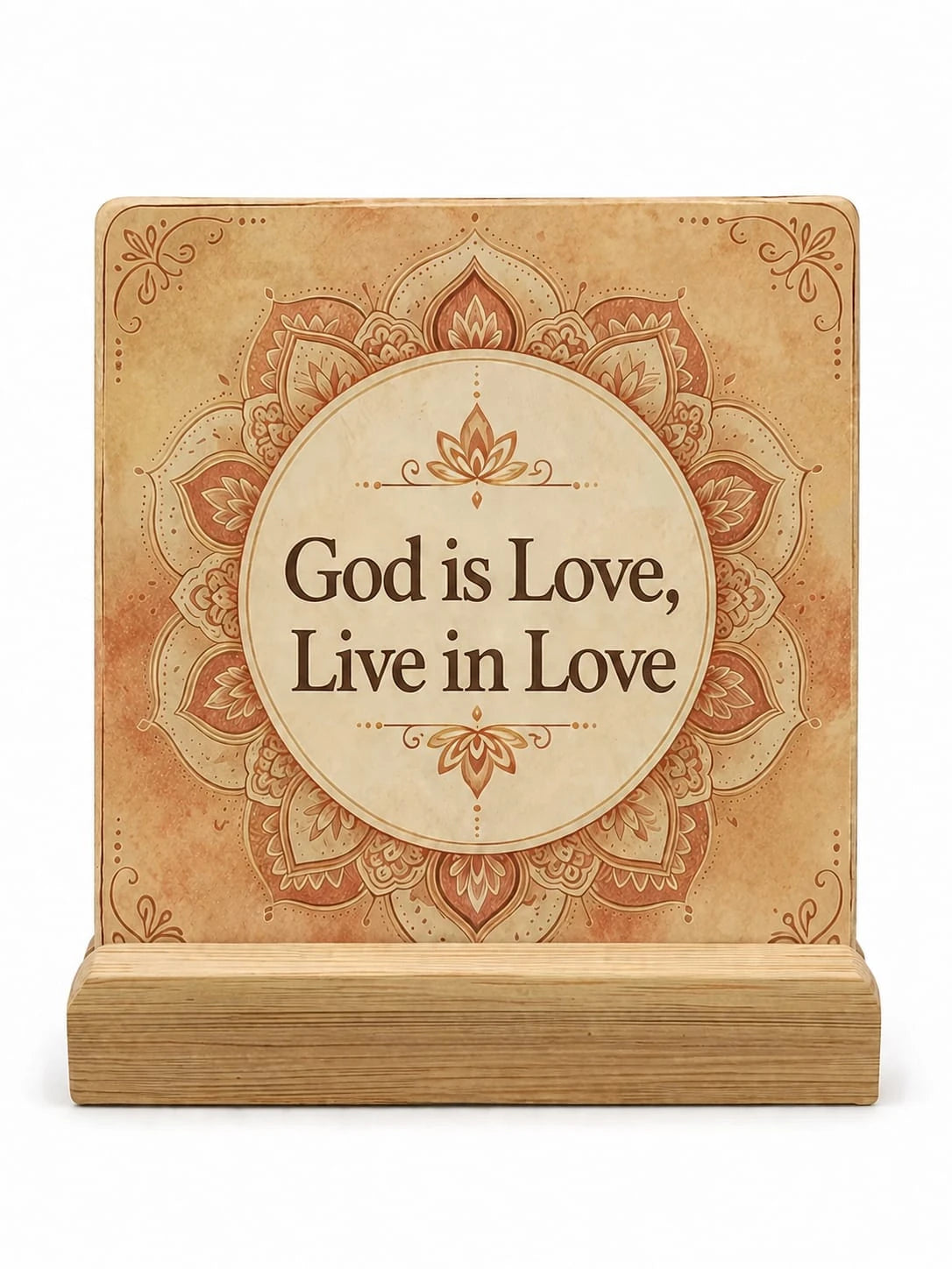 Square ceramic coaster with floral border and text God is Love, Live in Love
