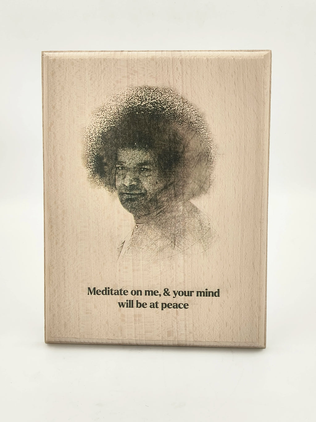Large wooden plaque with portrait and meditation quote, 21.5x17 cm
