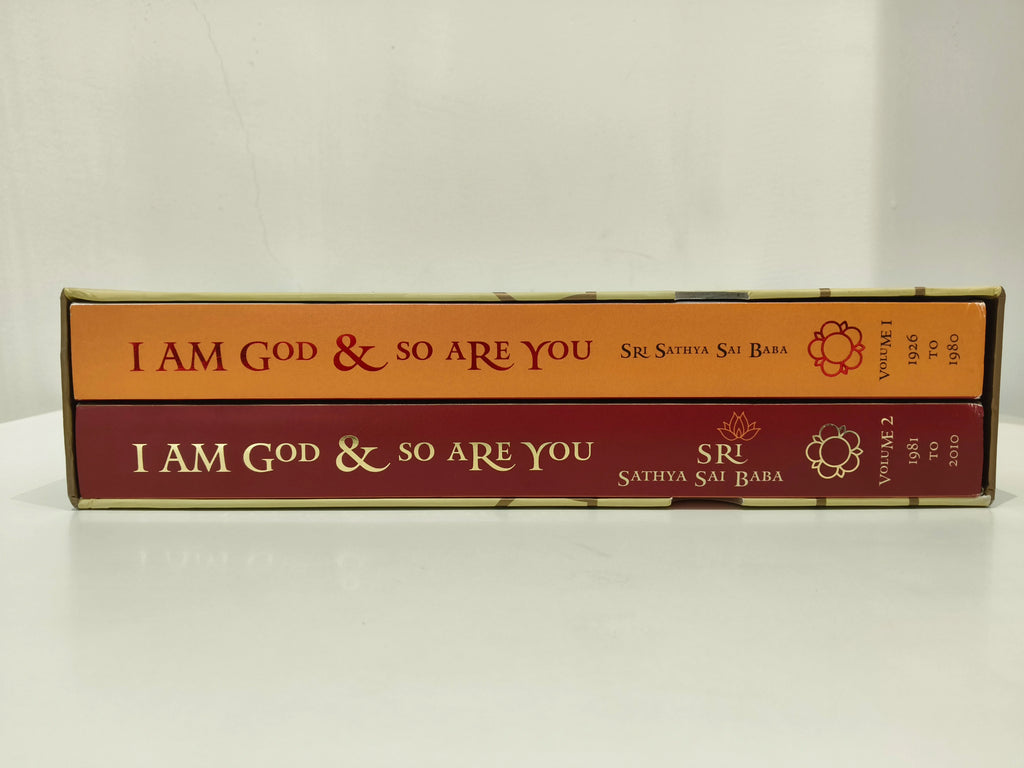 Spine view of hardbound spiritual book set I Am God & So Are You Volumes 1 and 2