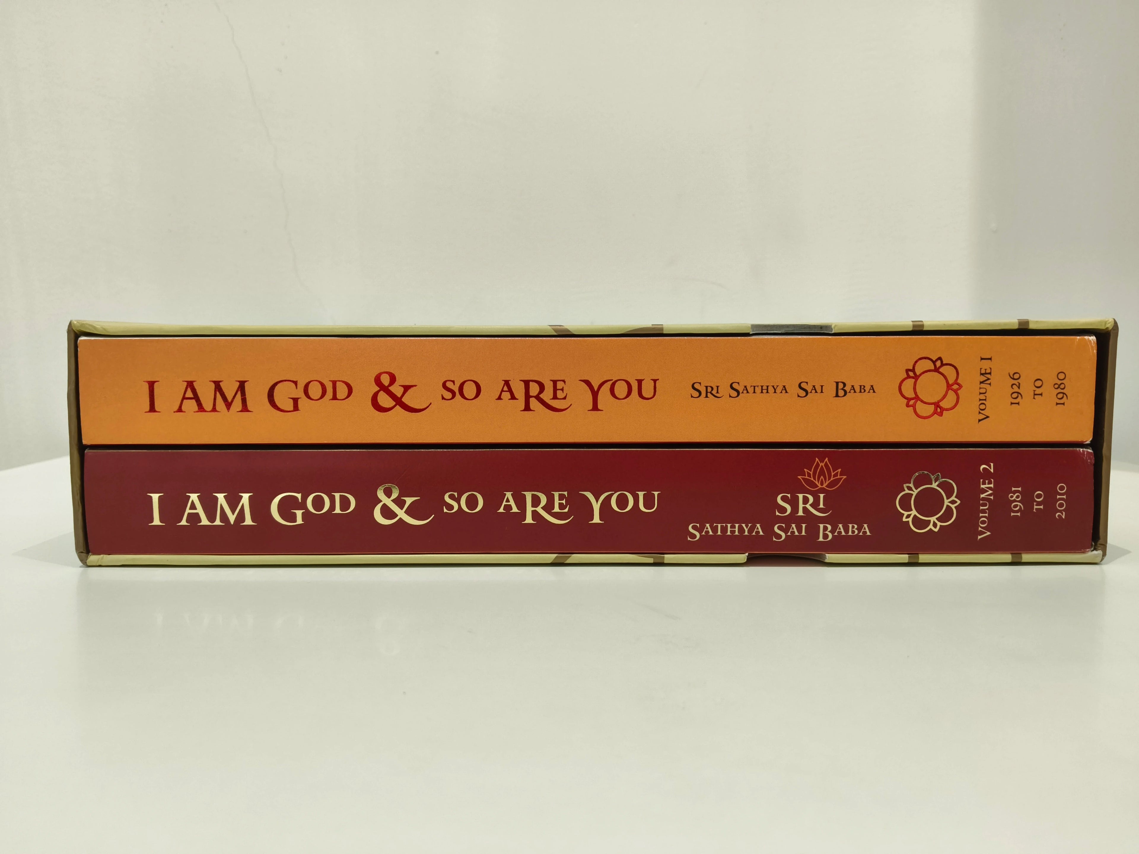 Spine view of hardbound spiritual book set I Am God & So Are You Volumes 1 and 2